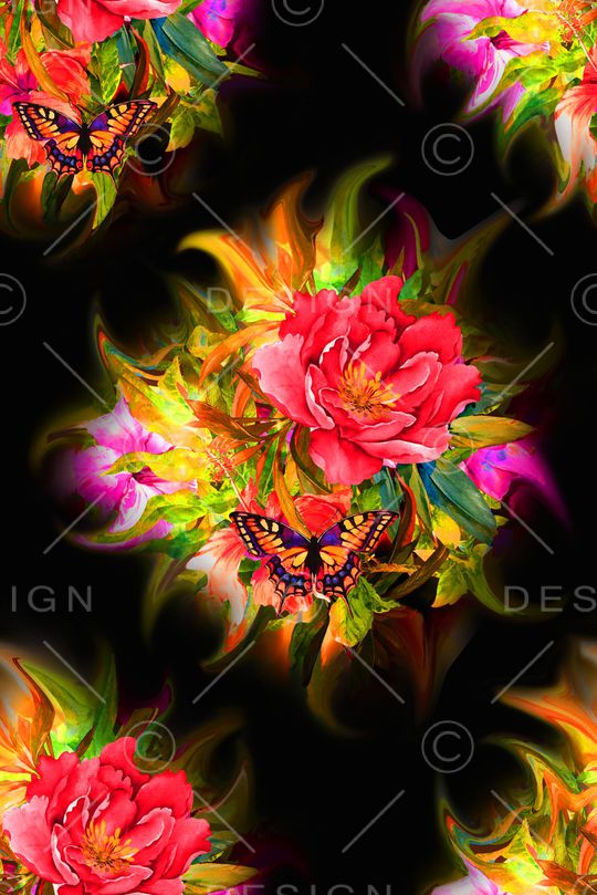 黑底花卉印花华亿平台图片