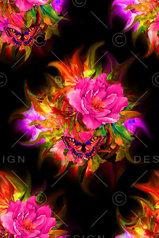 黑底花卉印花华亿平台图片