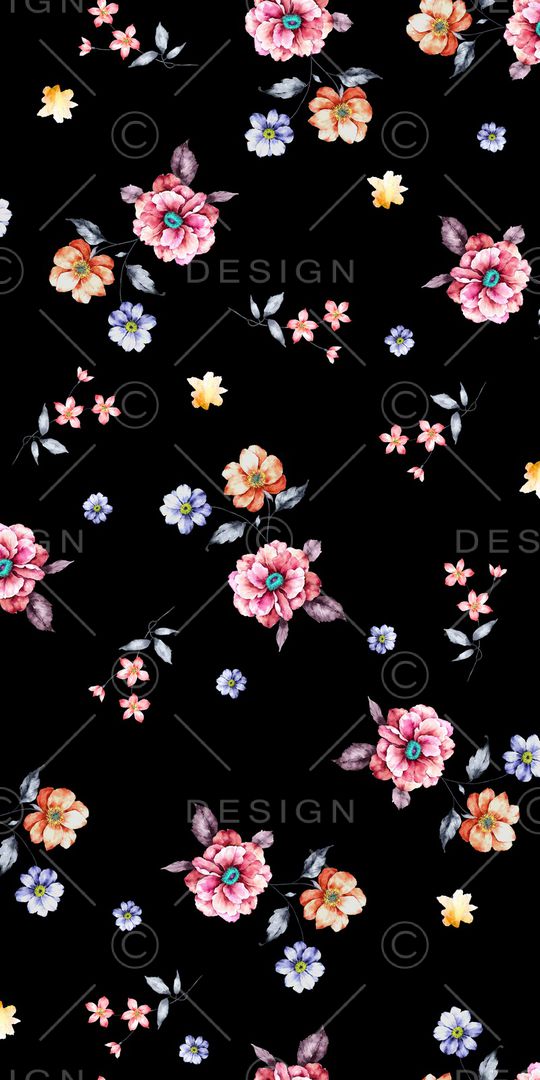 黑底花卉印花华亿平台图片