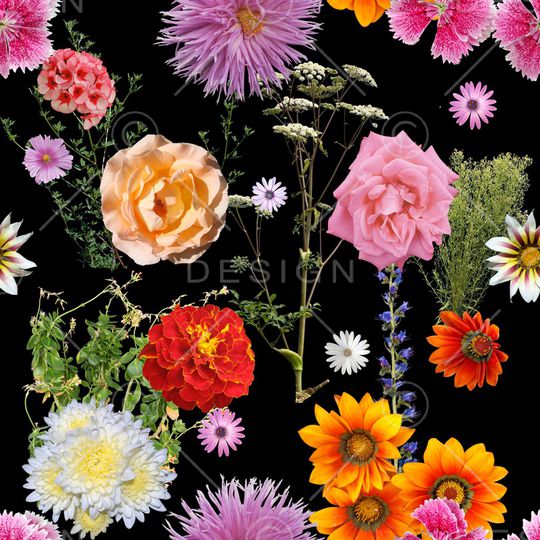 黑底花卉印花华亿平台图片