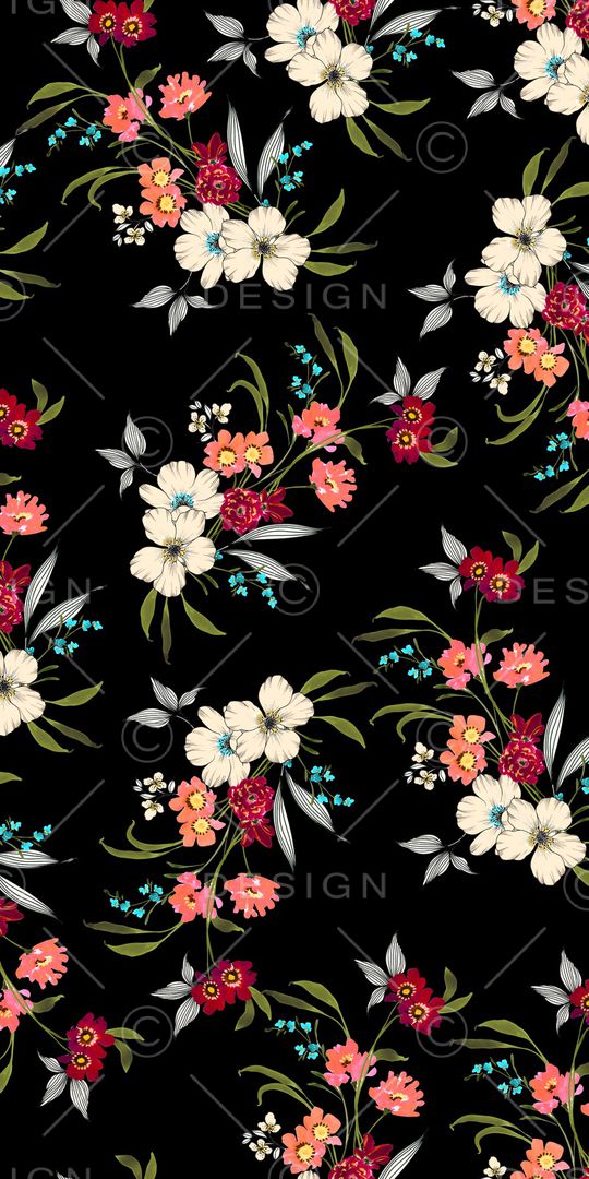 黑底花卉印花华亿平台图片