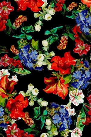 黑底花卉印花华亿平台图片