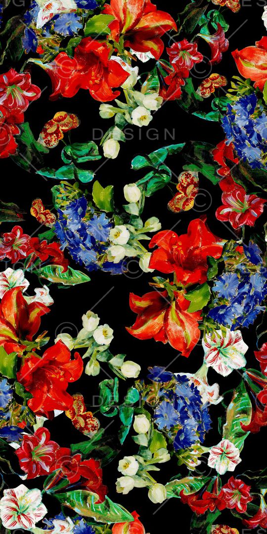 黑底花卉印花华亿平台图片