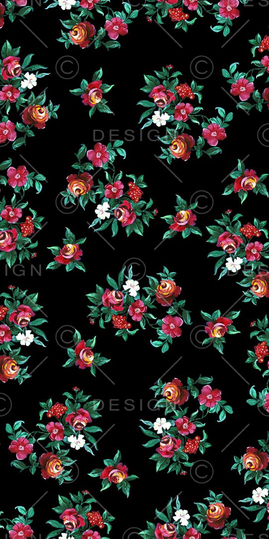 黑底花卉印花华亿平台图片