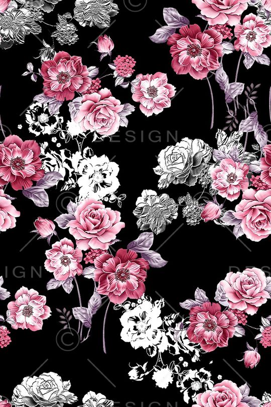 黑底花卉印花华亿平台图片