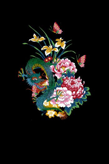 985162-绣花花卉花朵 蝴蝶 龙 后背定位-