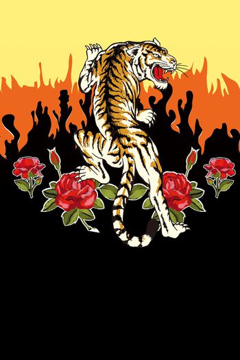 988572-潮流 绣花花朵老虎 波浪底纹